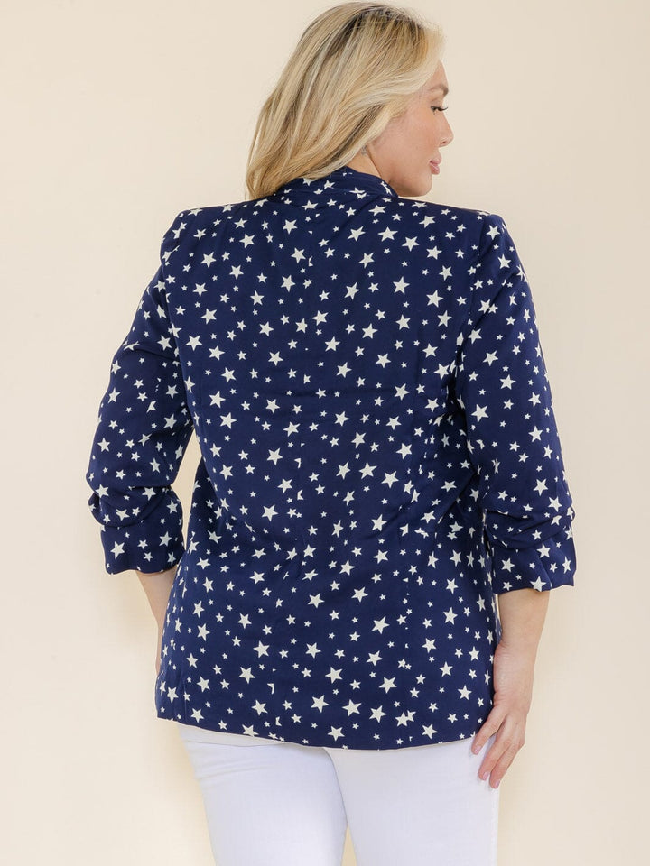 PLUS SIZE 3/4 SLEEVE OPEN FRONT POCKETS STARS PRINT BLAZER