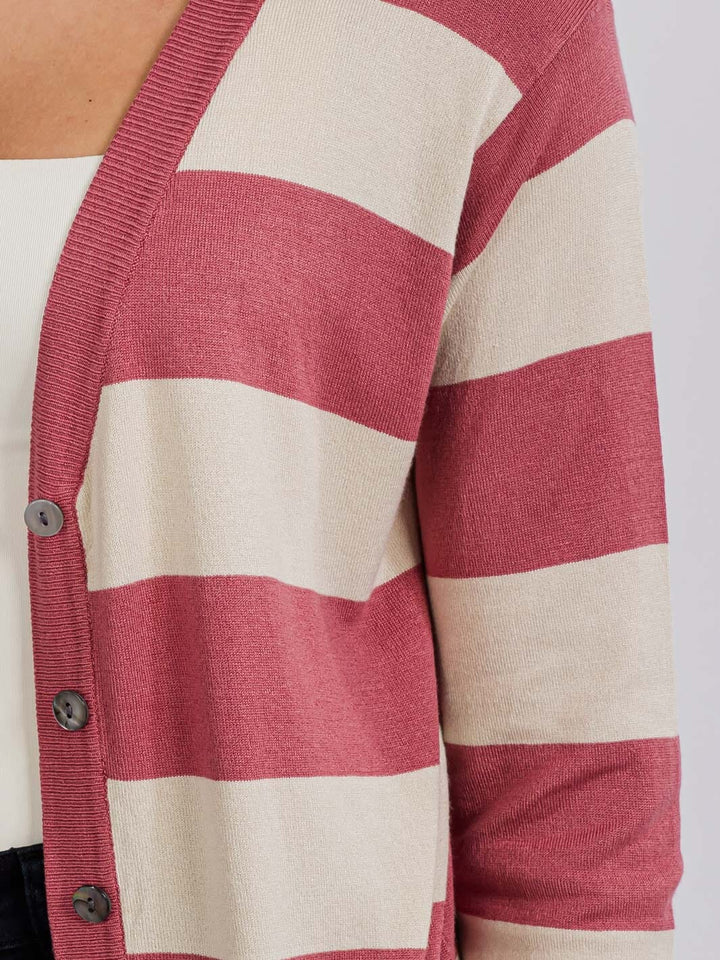 WOMEN'S LONG SLEEVE FRONT POCKETS BUTTON UP COLORBLOCK STRIPES CARDIGAN