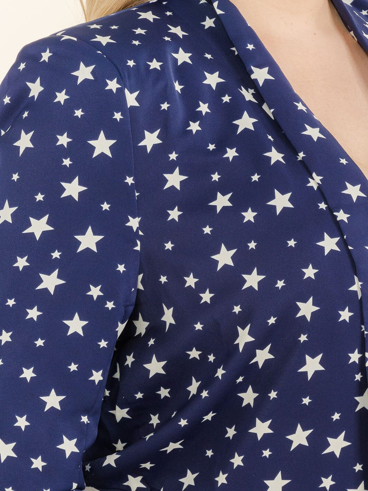 PLUS SIZE 3/4 SLEEVE OPEN FRONT POCKETS STARS PRINT BLAZER