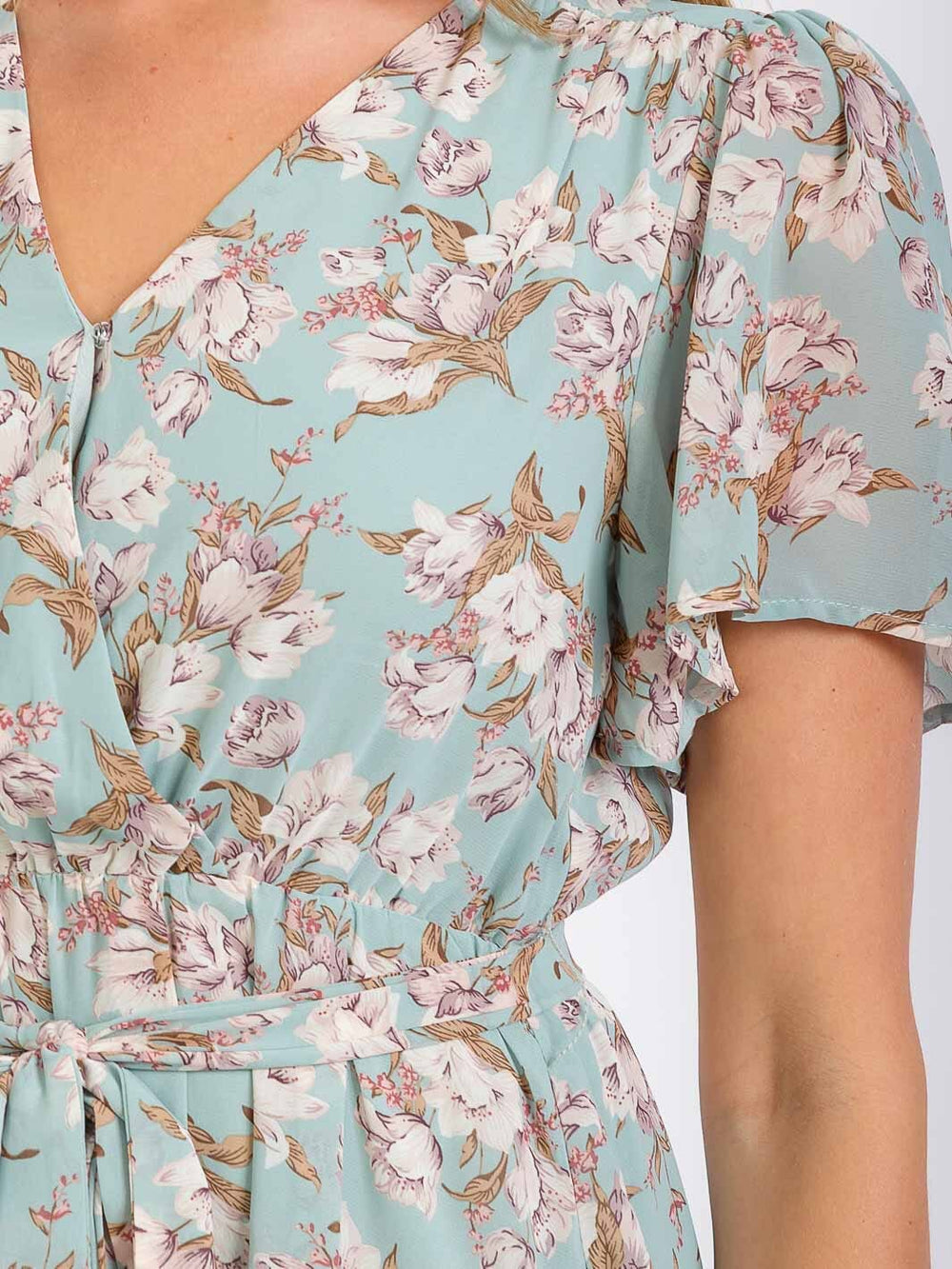 WOMEN'S SHORT SLEEVE FLORAL ELASTIC WASIT BELTED MINI DRESS