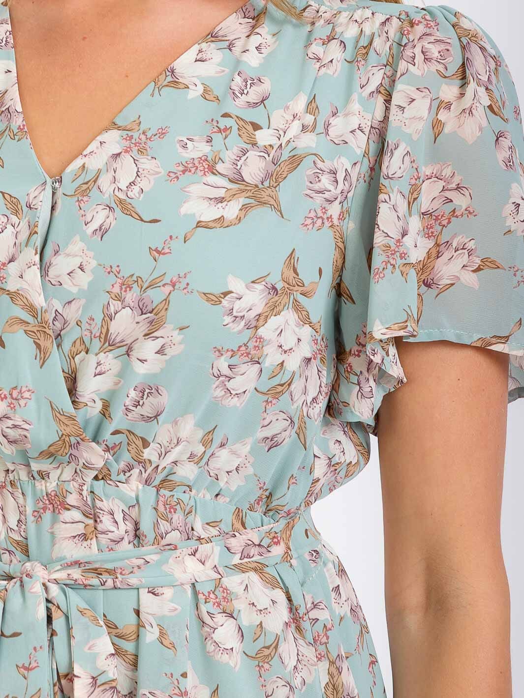 WOMEN'S SHORT SLEEVE FLORAL ELASTIC WASIT BELTED MINI DRESS