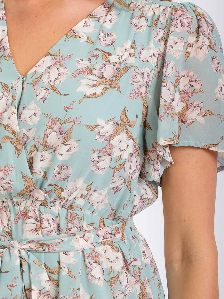 WOMEN'S SHORT SLEEVE FLORAL ELASTIC WASIT BELTED MINI DRESS