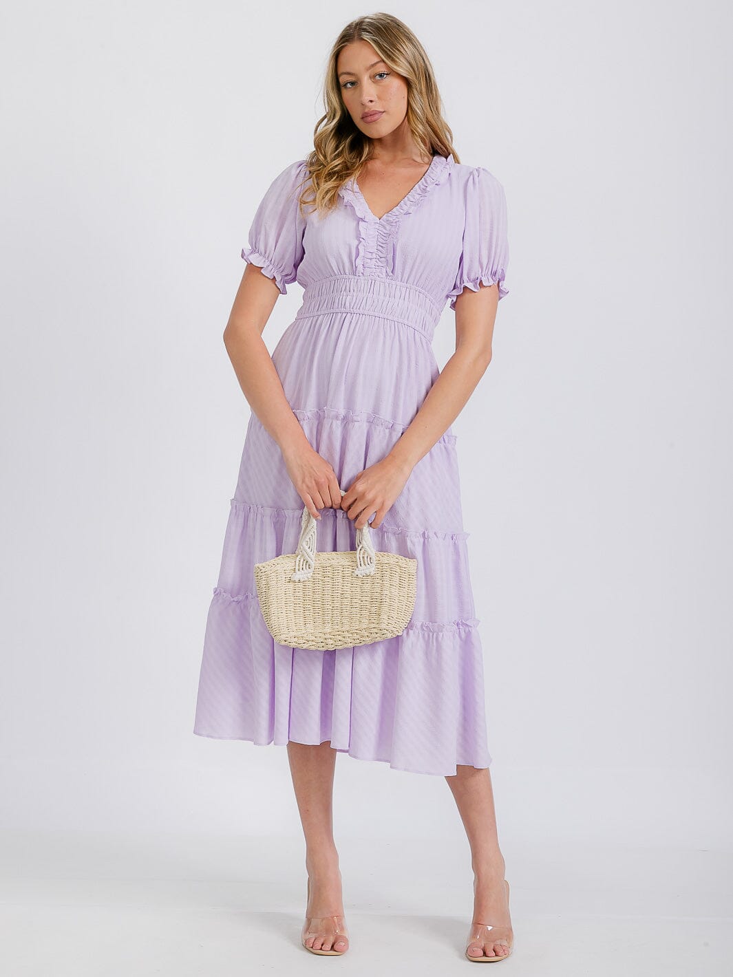 WOMEN'S SHORT SLEEVE V-NECK WAFFLE TIERED MAXI DRESS