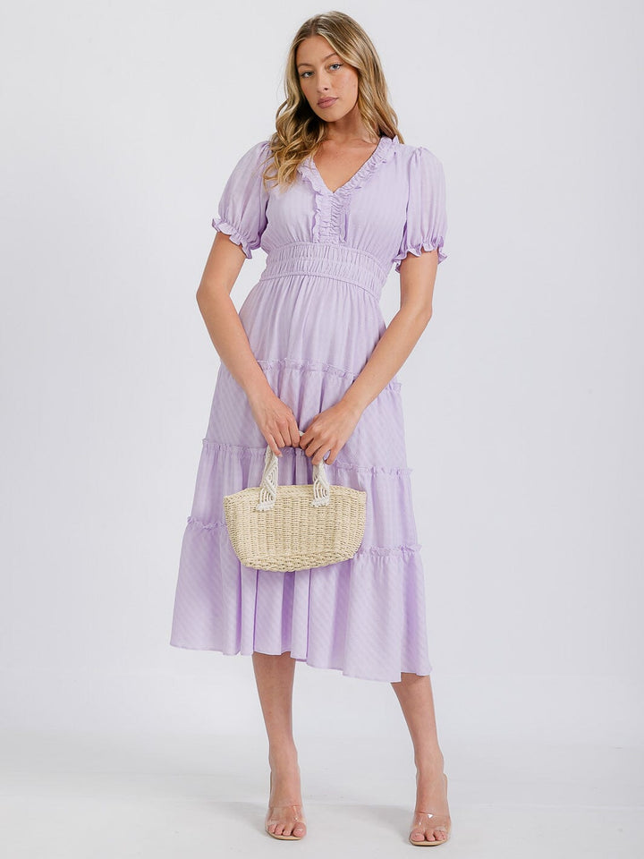 WOMEN'S SHORT SLEEVE V-NECK WAFFLE TIERED MAXI DRESS