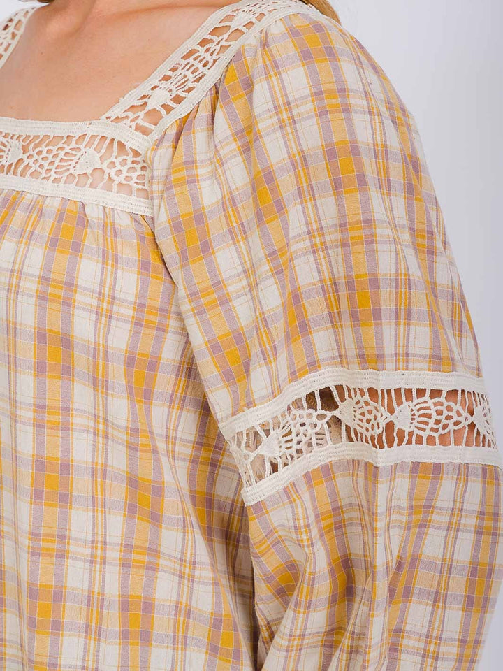WOMEN'S LONG SLEEVE SQUARE NECK PLAID CROCHET TRIM BLOUSE