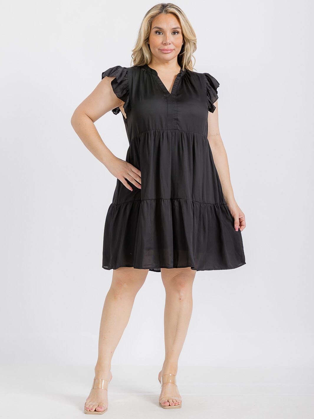 PLUS SIZE RUFFLE SLEEVE V-NECK TIERED TUNIC MINI DRESS
