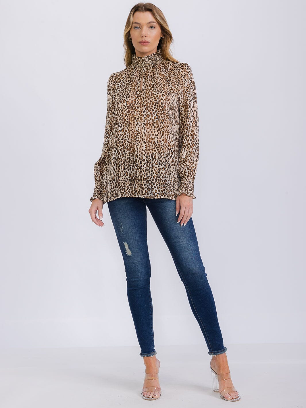 WOMEN'S LONG SLEEVE TURTLE NECK KEY HOLE SHIMMER ANIMAL PRINT BLOUSE