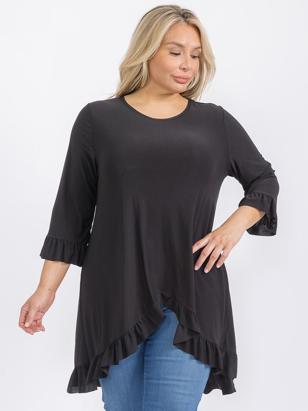 PLUS SIZE 3/4 SLEEVE HIGH-LOW TUNIC BLOUSE