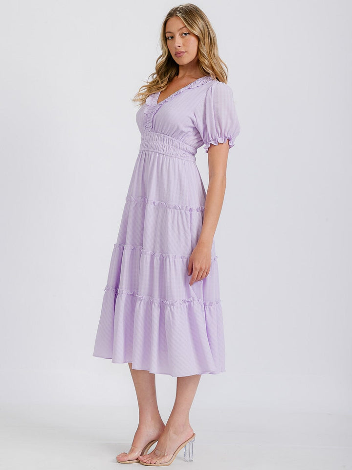 WOMEN'S SHORT SLEEVE V-NECK WAFFLE TIERED MAXI DRESS