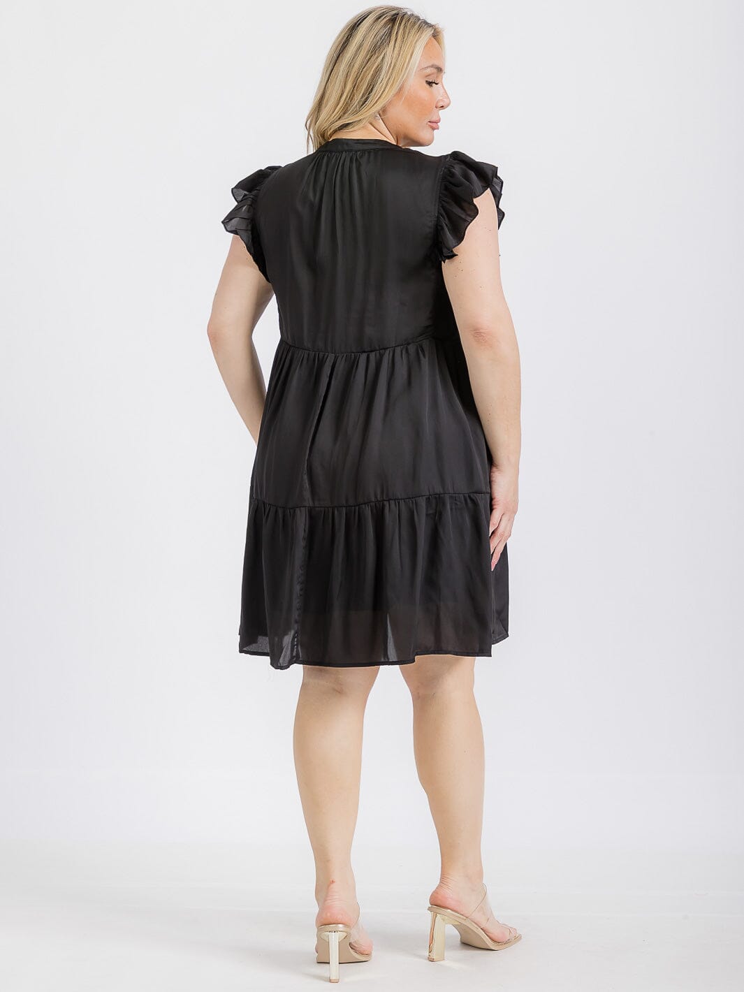 PLUS SIZE RUFFLE SLEEVE V-NECK TIERED TUNIC MINI DRESS