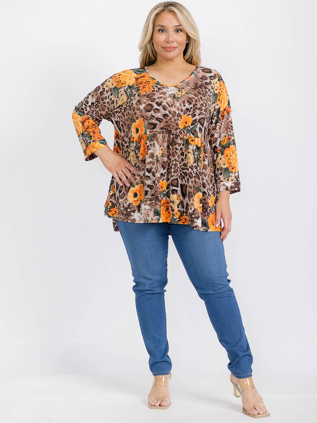 PLUS SIZE 3/4 SLEEVE V-NECK ANIMAL PRINT FLORAL TUNIC BLOUSE