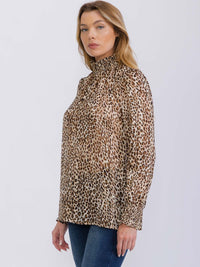 WOMEN'S LONG SLEEVE TURTLE NECK KEY HOLE SHIMMER ANIMAL PRINT BLOUSE