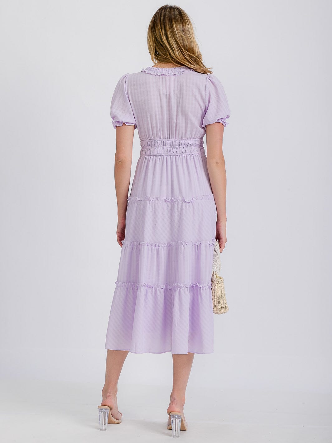 WOMEN'S SHORT SLEEVE V-NECK WAFFLE TIERED MAXI DRESS