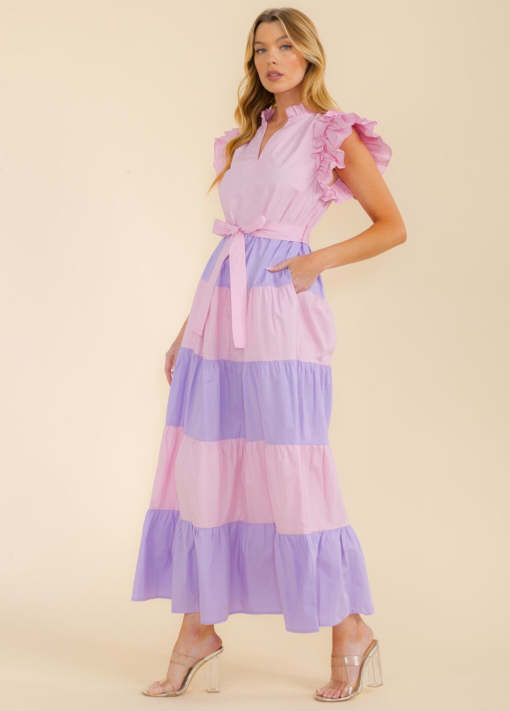 WOMEN'S RUFFLE SLEEVE V-NECK TIERED COLORBLOCK MAXI DRESS