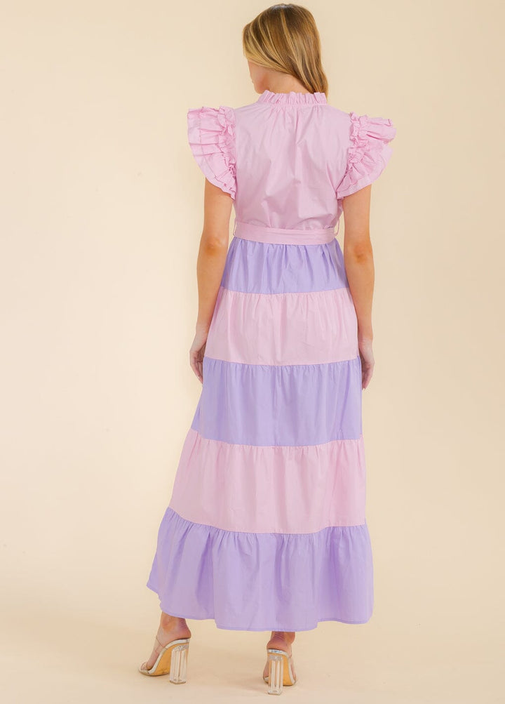 WOMEN'S RUFFLE SLEEVE V-NECK TIERED COLORBLOCK MAXI DRESS