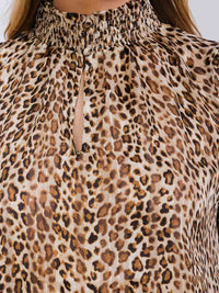 WOMEN'S LONG SLEEVE TURTLE NECK KEY HOLE SHIMMER ANIMAL PRINT BLOUSE