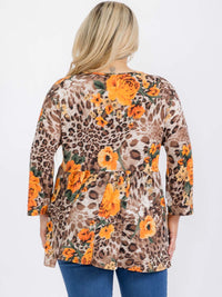 PLUS SIZE 3/4 SLEEVE V-NECK ANIMAL PRINT FLORAL TUNIC BLOUSE