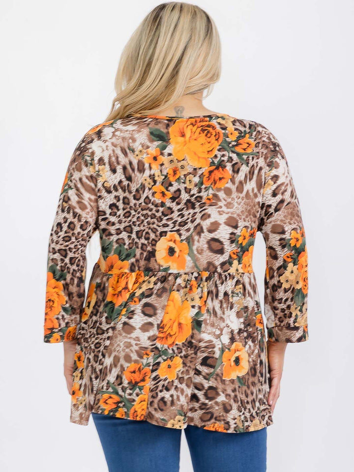 PLUS SIZE 3/4 SLEEVE V-NECK ANIMAL PRINT FLORAL TUNIC BLOUSE