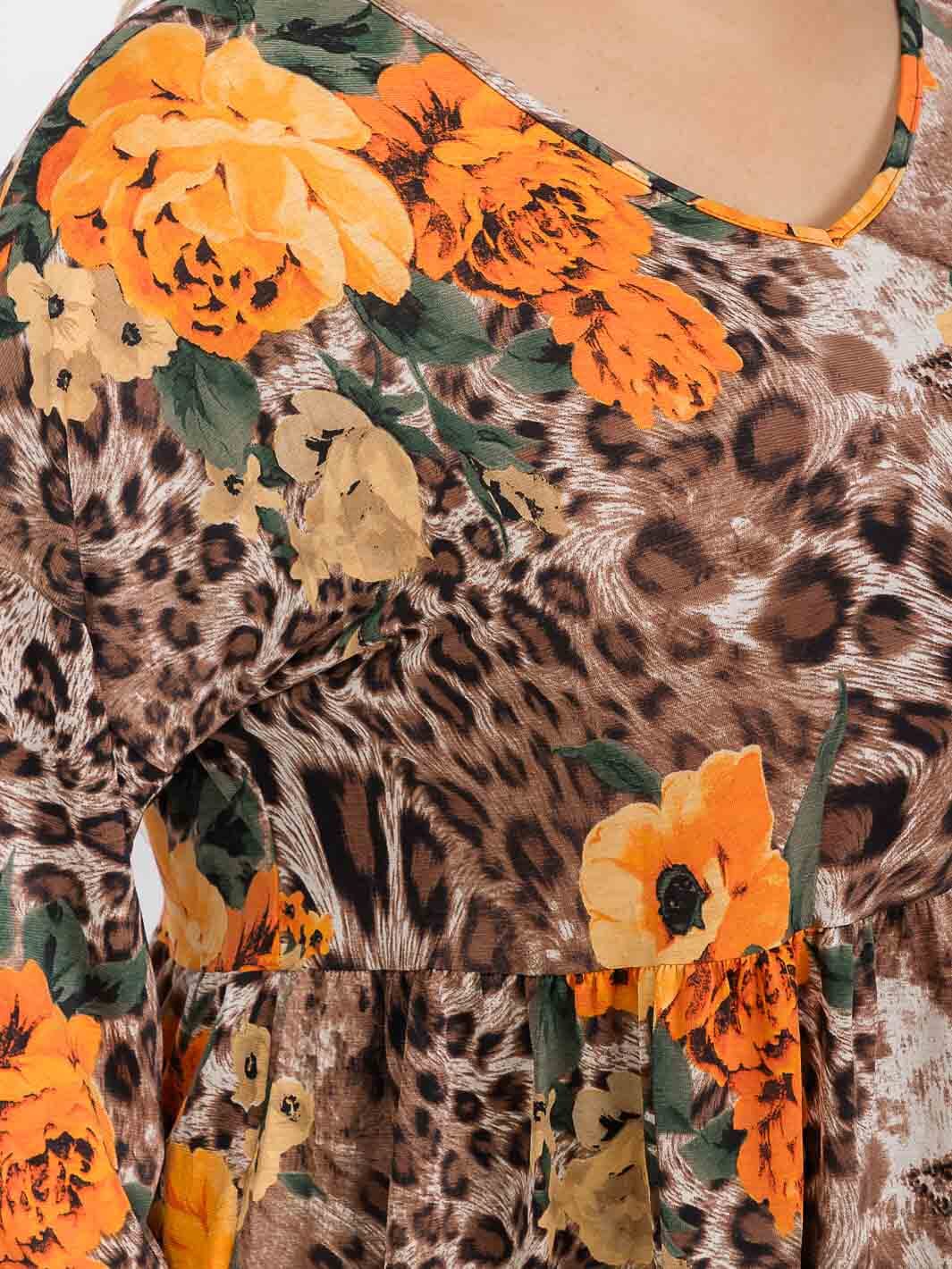 PLUS SIZE 3/4 SLEEVE V-NECK ANIMAL PRINT FLORAL TUNIC BLOUSE