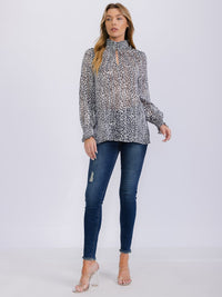 WOMEN'S LONG SLEEVE TURTLE NECK KEY HOLE SHIMMER ANIMAL PRINT BLOUSE