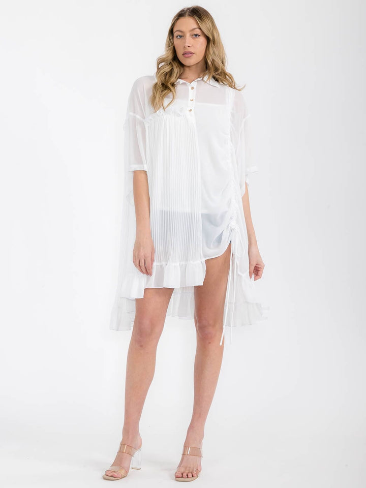 WOMEN'S SHORT SLEEVE BUTTON UP PLEATED SIDE RUCHED TUNIC TOP