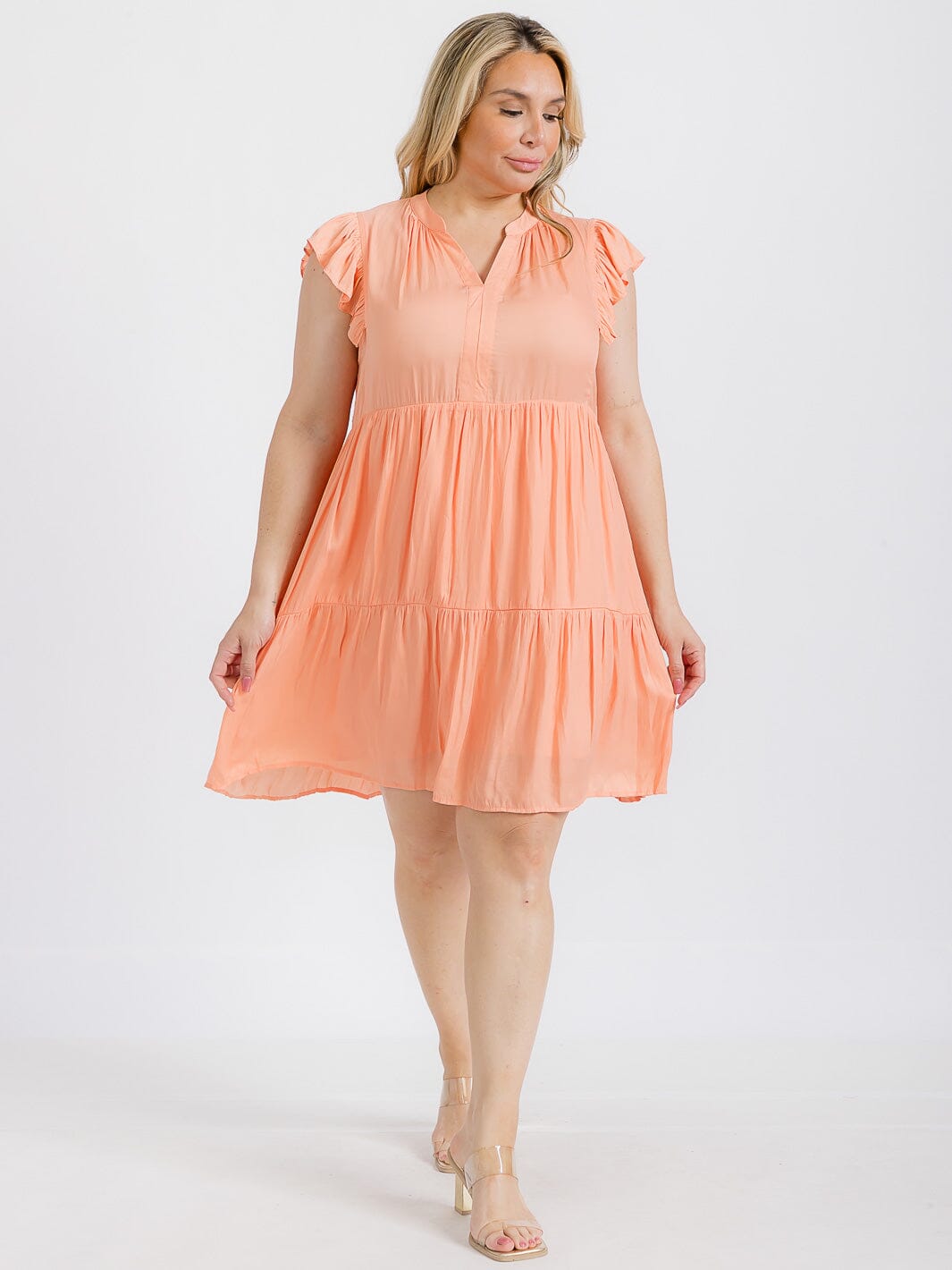 PLUS SIZE RUFFLE SLEEVE V-NECK TIERED TUNIC MINI DRESS