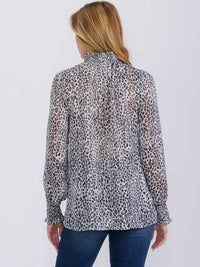 WOMEN'S LONG SLEEVE TURTLE NECK KEY HOLE SHIMMER ANIMAL PRINT BLOUSE