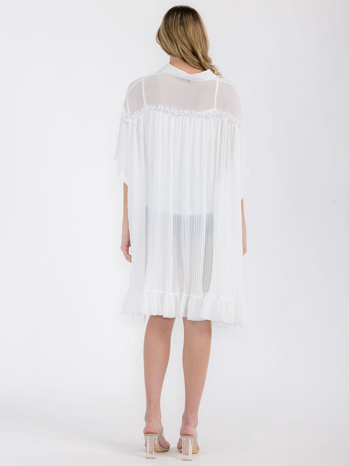 WOMEN'S SHORT SLEEVE BUTTON UP PLEATED SIDE RUCHED TUNIC TOP