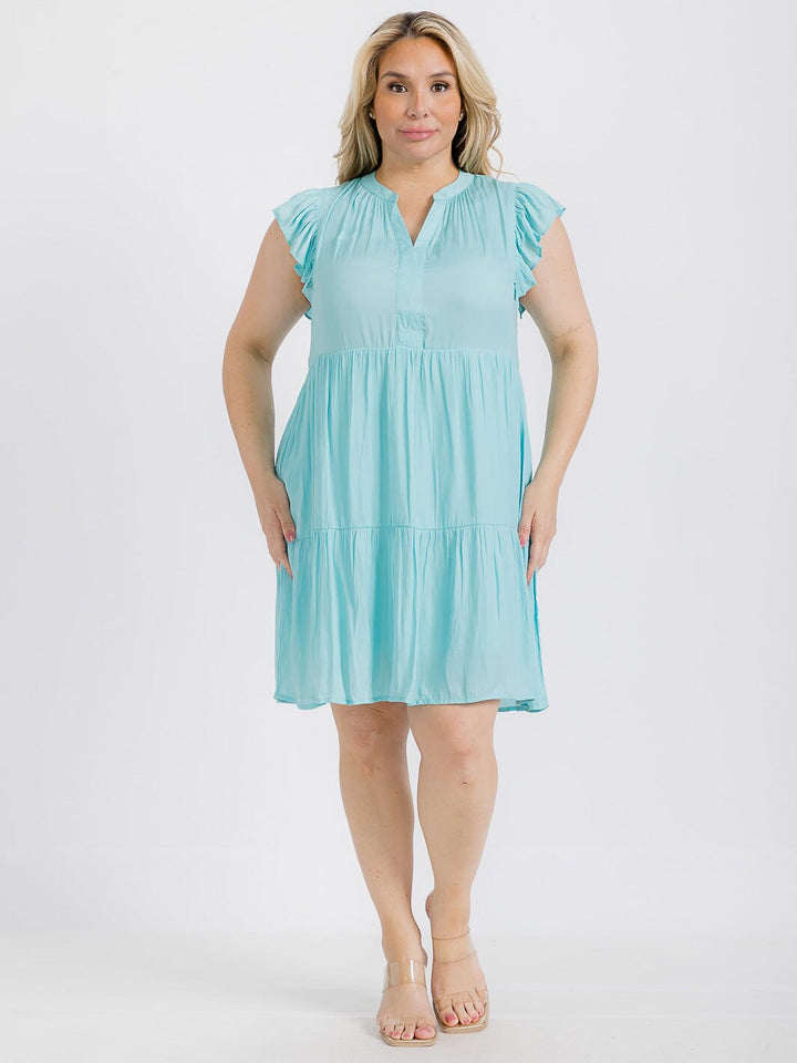 PLUS SIZE RUFFLE SLEEVE V-NECK TIERED TUNIC MINI DRESS