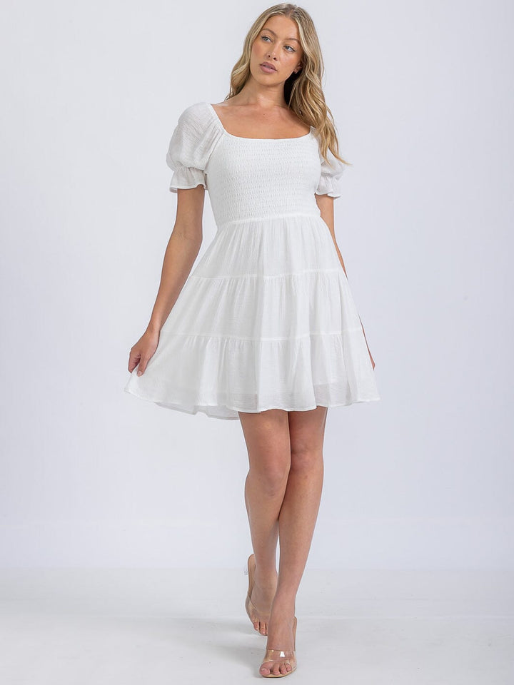 WOMEN'S SHORT SLEEVE SMOCKED TIERED MINI DRESS