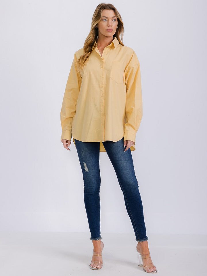 WOMEN'S LONG SLEEVE BUTTON UP FRONT POCKETS HIGH-LOW SHIRT
