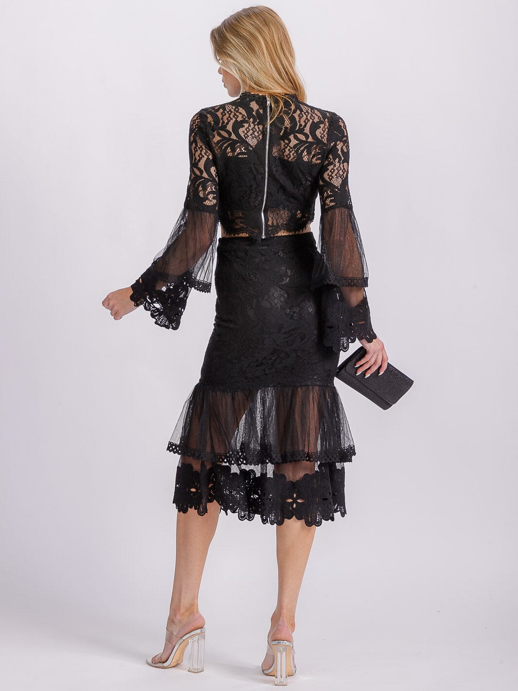 WOMEN'S LONG RUFFLE SLEEVE CROP TOP & ZIP UP MIDI SKIRT LACE 2PC. SET