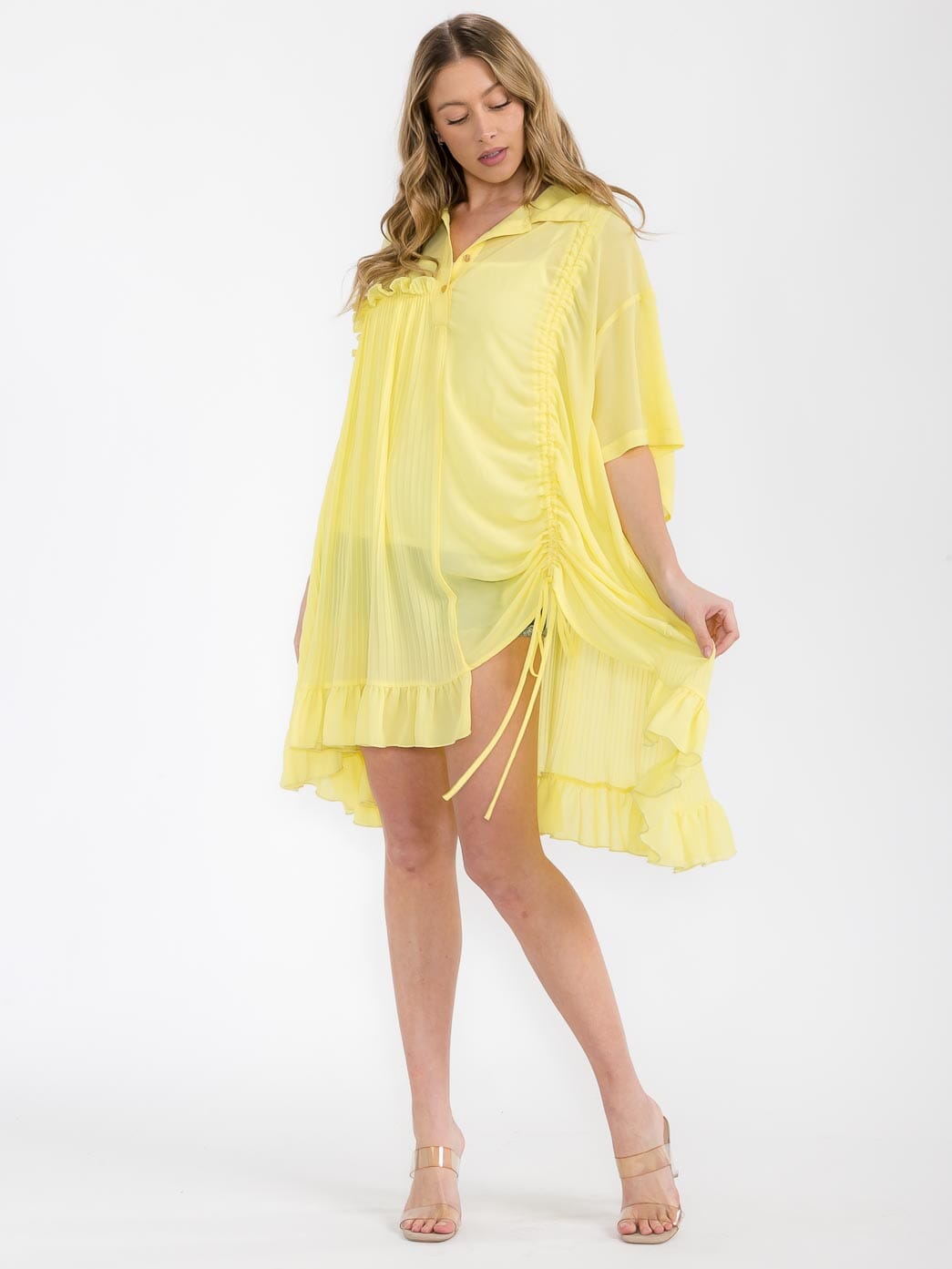 WOMEN'S SHORT SLEEVE BUTTON UP PLEATED SIDE RUCHED TUNIC TOP