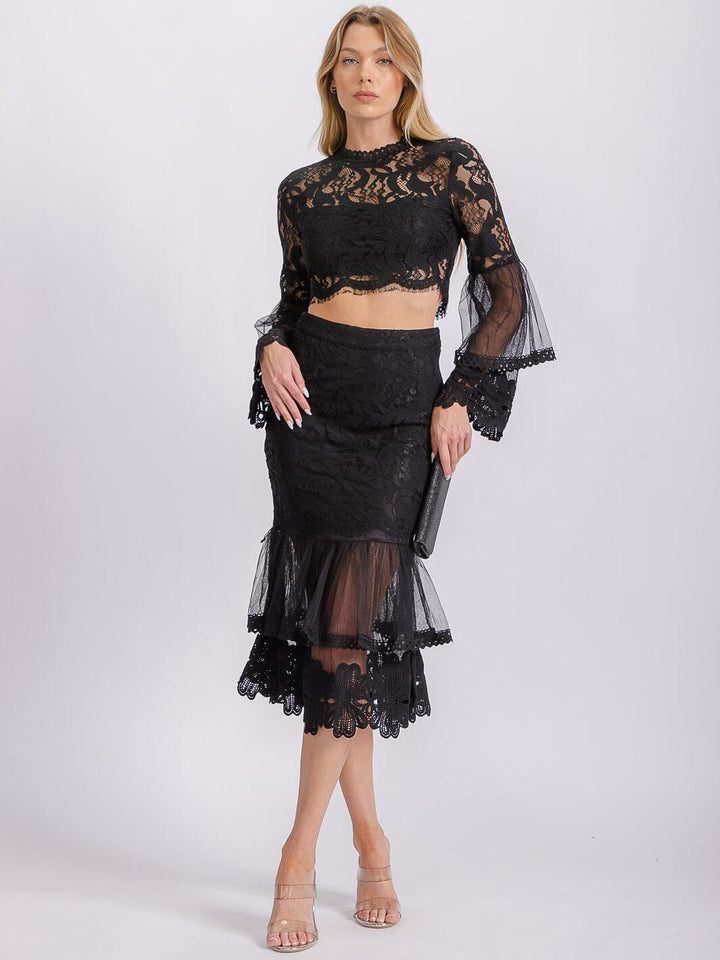WOMEN'S LONG RUFFLE SLEEVE CROP TOP & ZIP UP MIDI SKIRT LACE 2PC. SET