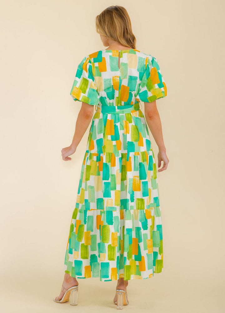 WOMEN'S SHORT SLEEVE FRONT POCKETS V-NECK SELF TIE MAXI DRESS