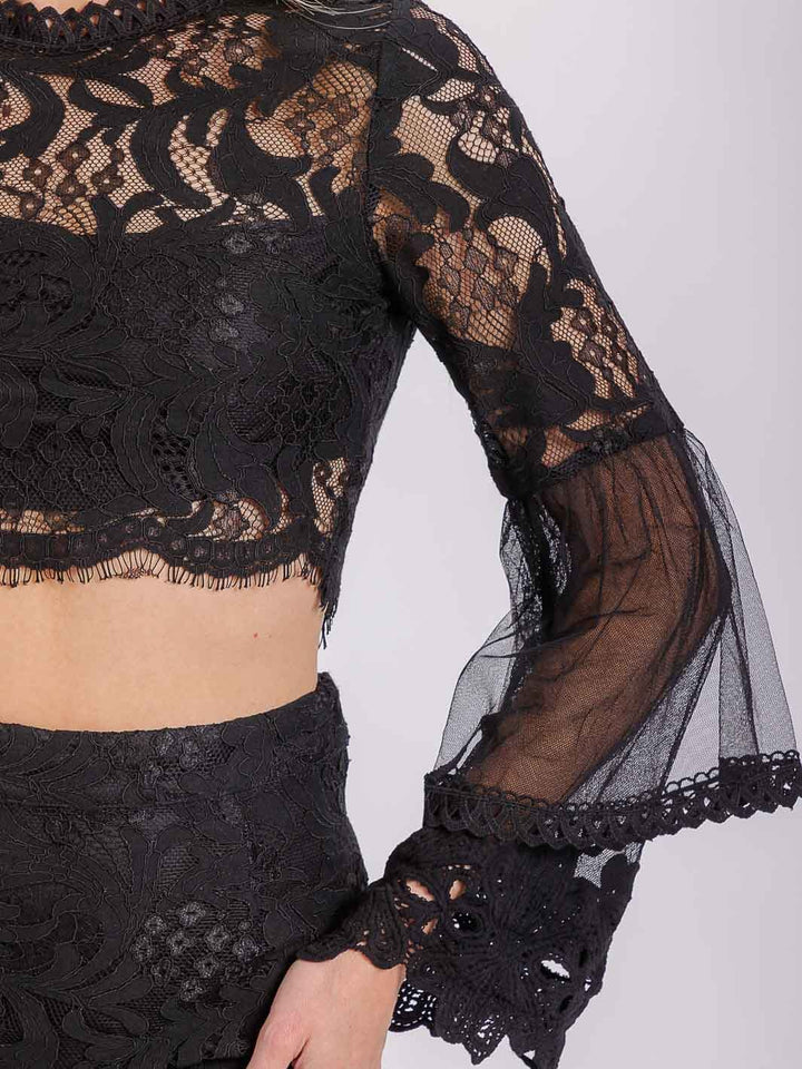 WOMEN'S LONG RUFFLE SLEEVE CROP TOP & ZIP UP MIDI SKIRT LACE 2PC. SET