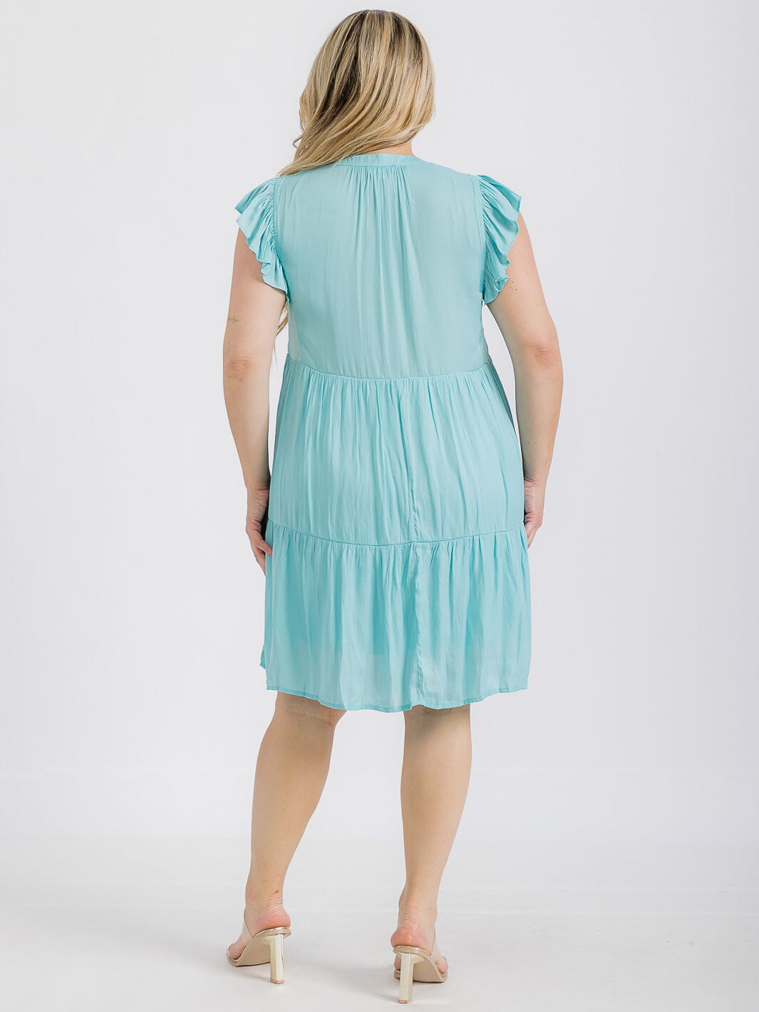 PLUS SIZE RUFFLE SLEEVE V-NECK TIERED TUNIC MINI DRESS
