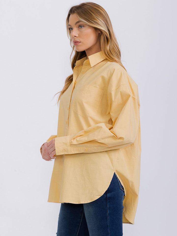 WOMEN'S LONG SLEEVE BUTTON UP FRONT POCKETS HIGH-LOW SHIRT