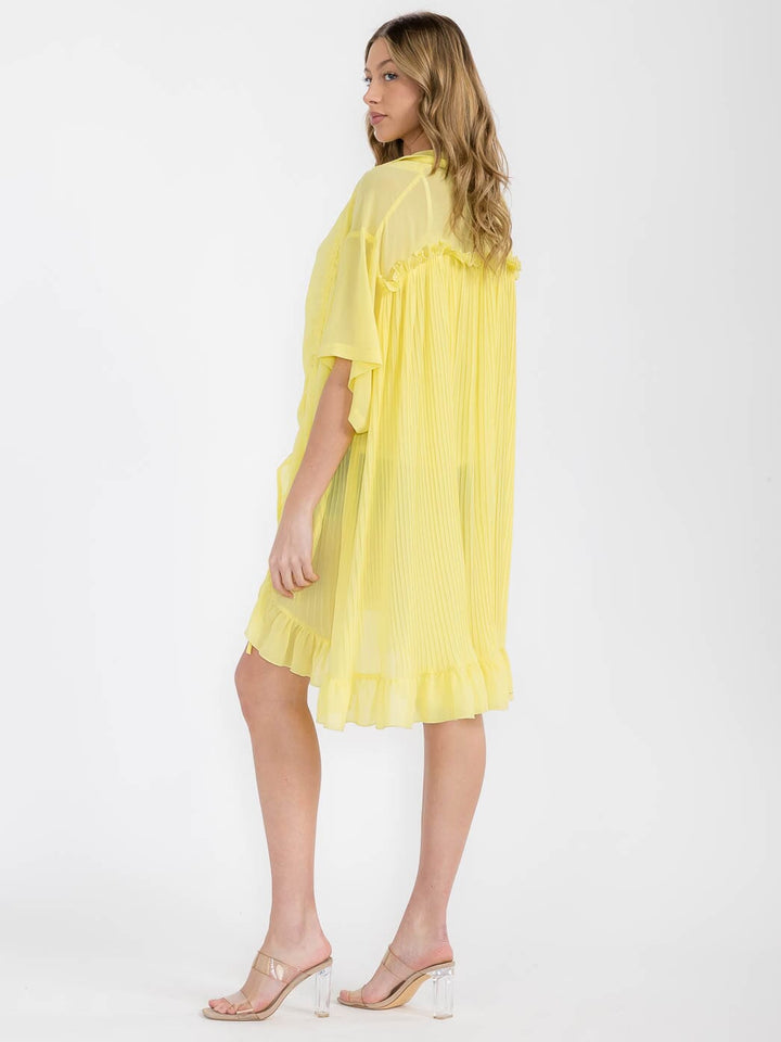 WOMEN'S SHORT SLEEVE BUTTON UP PLEATED SIDE RUCHED TUNIC TOP