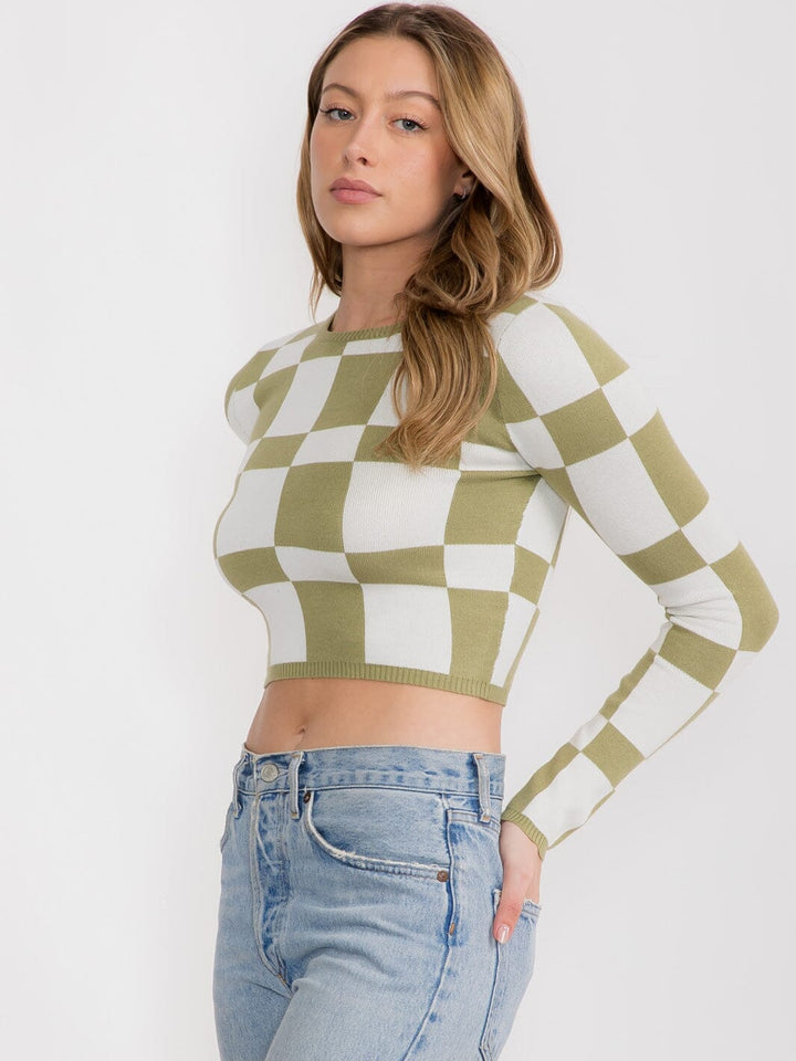 WOMEN'S LONG SLEEVE COLORBLOCK CHECKERS PRINT CROP TOP