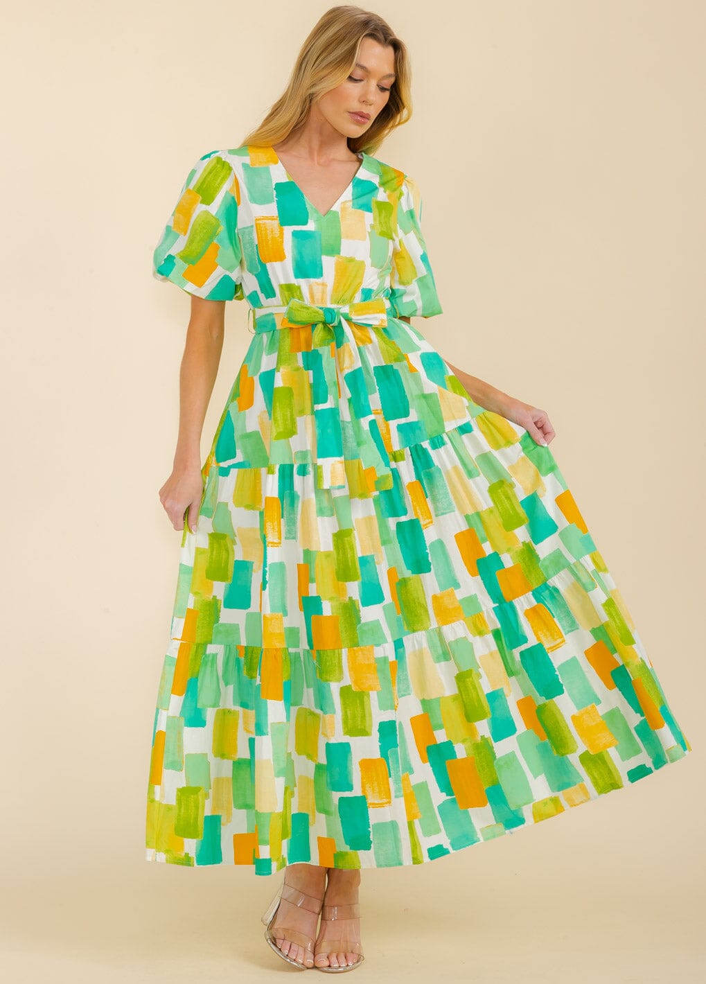 WOMEN'S SHORT SLEEVE FRONT POCKETS V-NECK SELF TIE MAXI DRESS