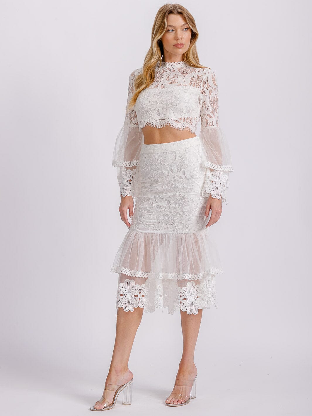 WOMEN'S LONG RUFFLE SLEEVE CROP TOP & ZIP UP MIDI SKIRT LACE 2PC. SET