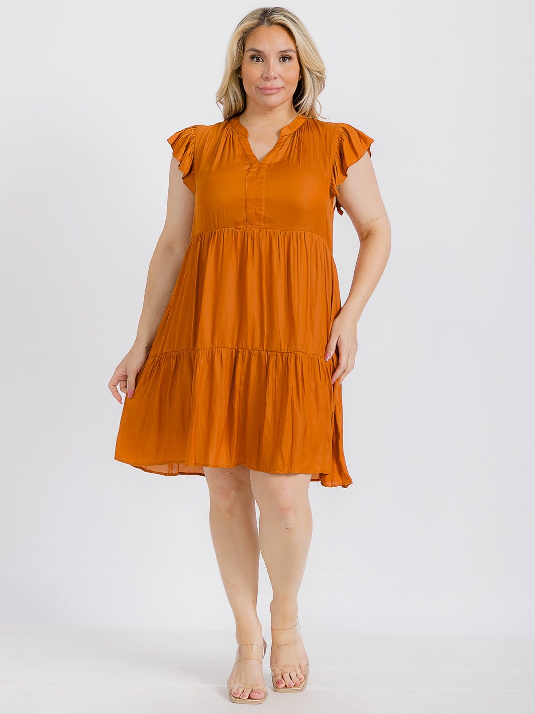 PLUS SIZE RUFFLE SLEEVE V-NECK TIERED TUNIC MINI DRESS