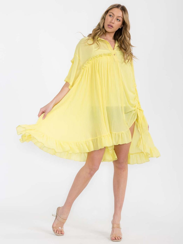 WOMEN'S SHORT SLEEVE BUTTON UP PLEATED SIDE RUCHED TUNIC TOP