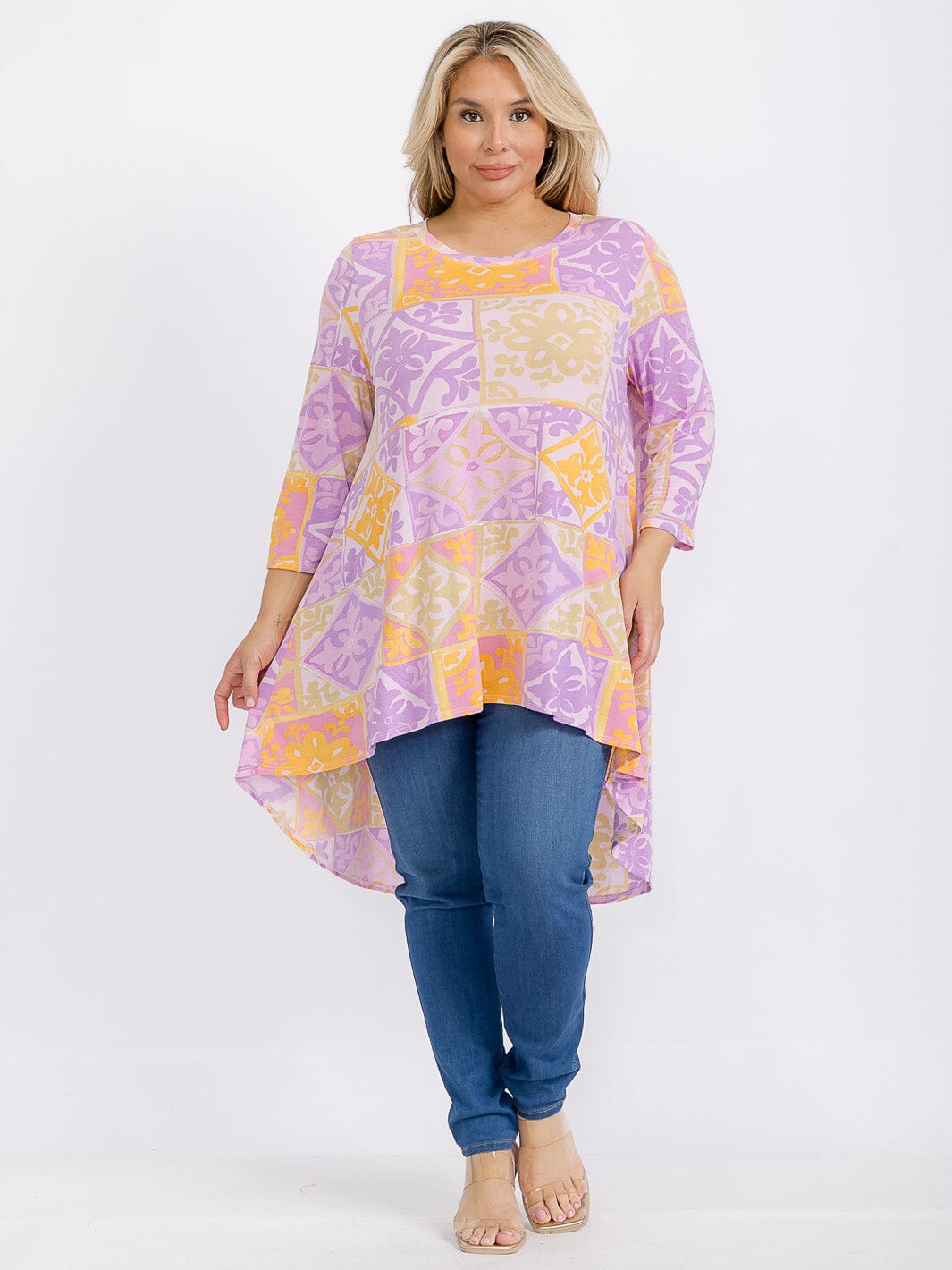PLUS SIZE 3/4 SLEEVE HIGH-LOW MULTI PRINT TUNIC BLOUSE