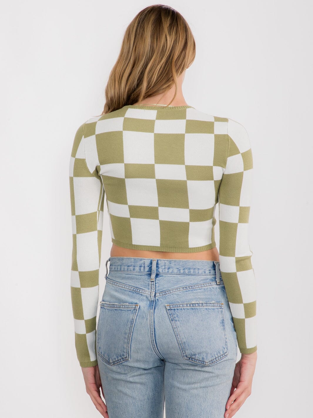 WOMEN'S LONG SLEEVE COLORBLOCK CHECKERS PRINT CROP TOP