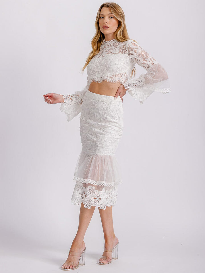 WOMEN'S LONG RUFFLE SLEEVE CROP TOP & ZIP UP MIDI SKIRT LACE 2PC. SET