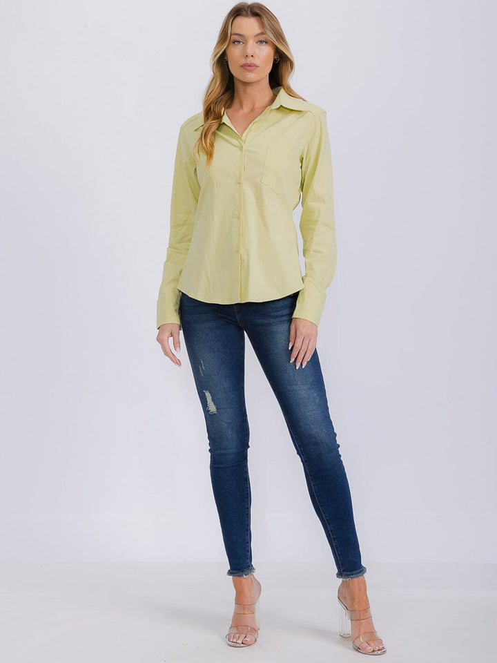 WOMEN'S LONG SLEEVE BUTTON UP FRONT POCKETS BLOUSE
