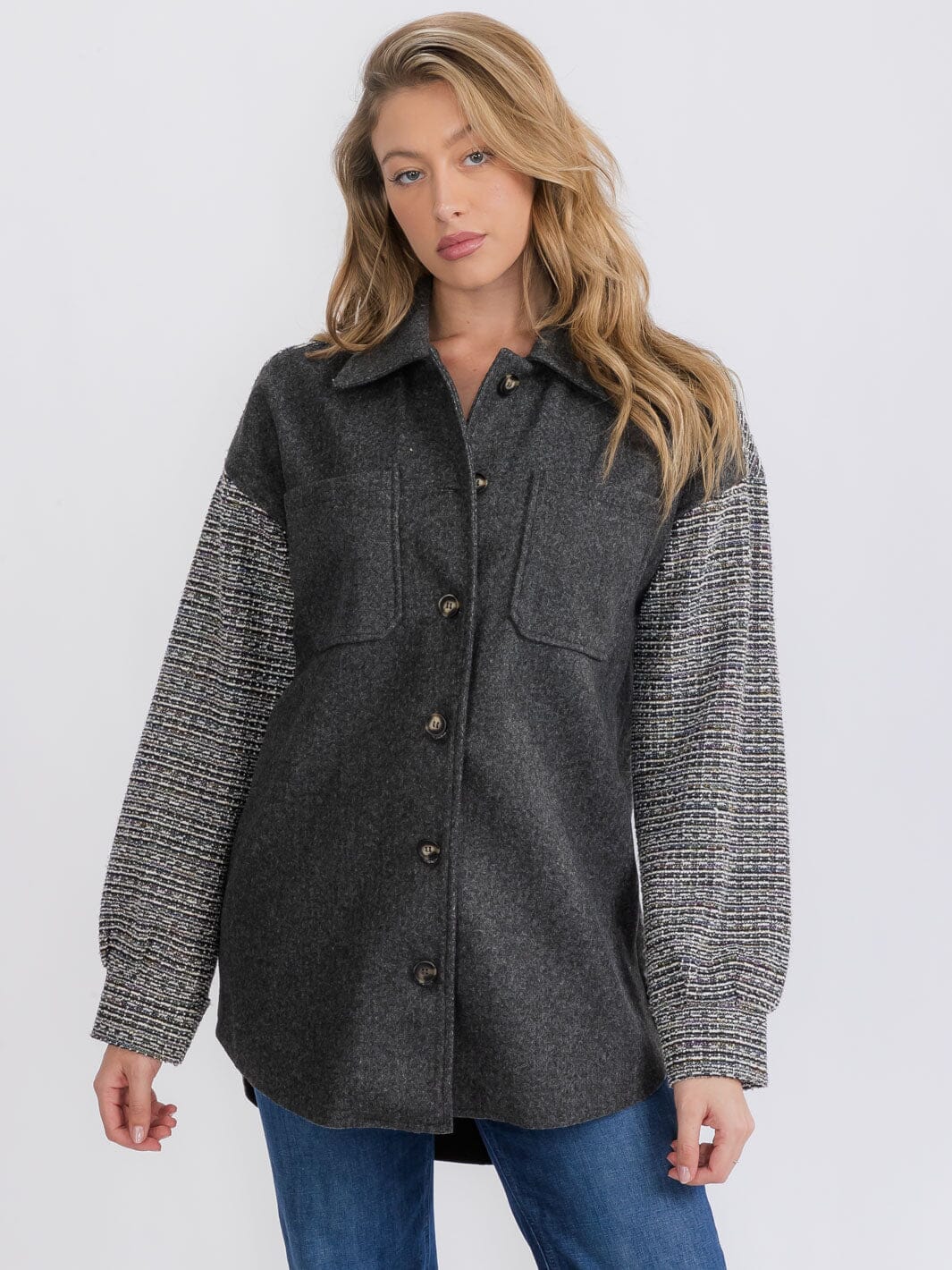 WOMEN'S LONG SLEEVE BUTTON CLOSURE FRONT POCKETS COLORBLOCK CONTRAST SHACKET