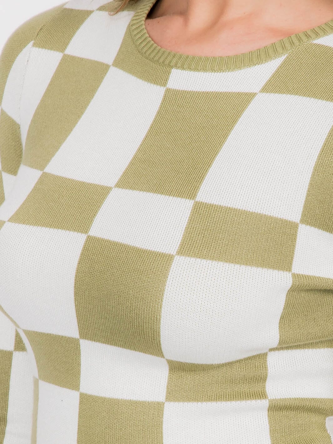 WOMEN'S LONG SLEEVE COLORBLOCK CHECKERS PRINT CROP TOP